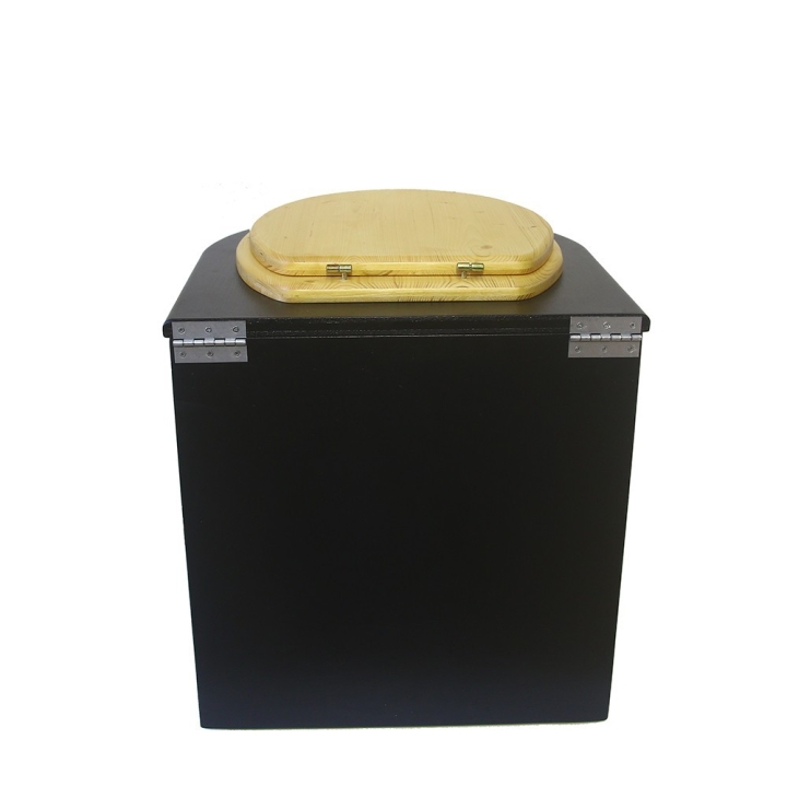  Toilette sèche en bois arrondie noire avec seau inox 22L et bavette inox. Abattant bois huilé. Modèle rehaussé