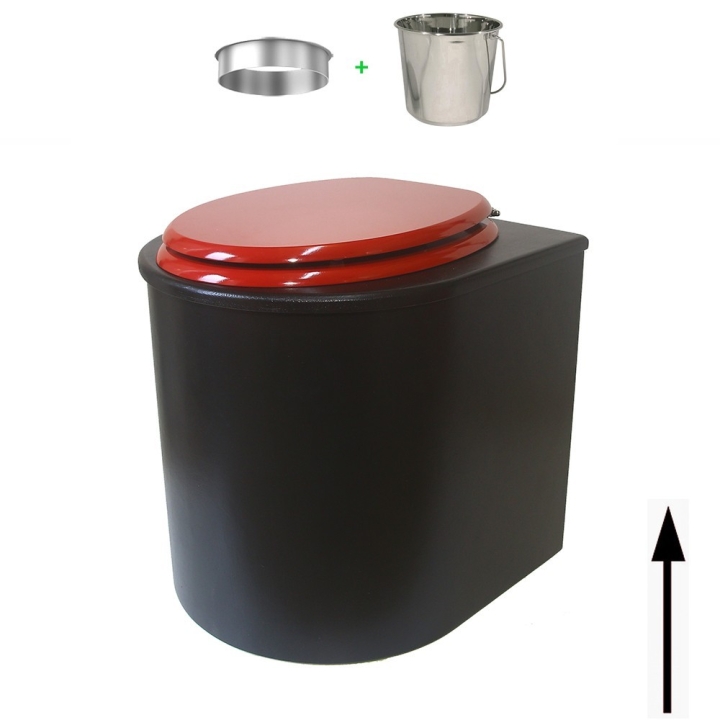 Toilette sèche en bois arrondie noire avec seau inox 22L et bavette inox. Abattant rouge. Modèle rehaussé
