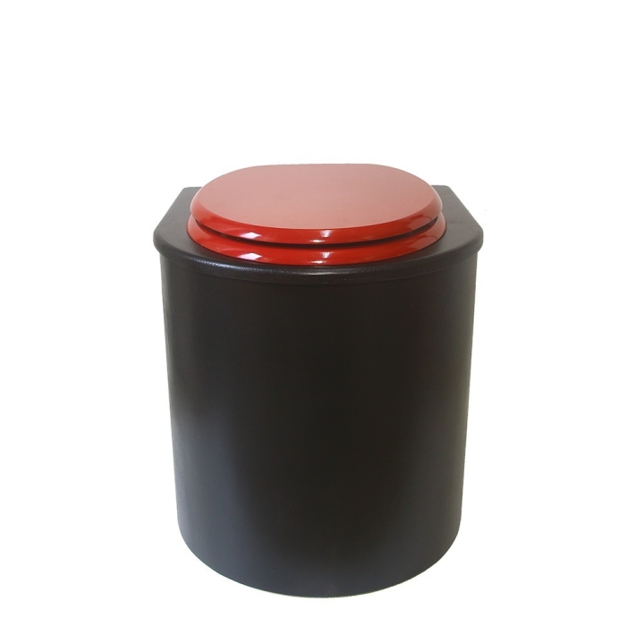  Toilette sèche en bois arrondie noire avec seau inox 22L et bavette inox. Abattant rouge. Modèle rehaussé