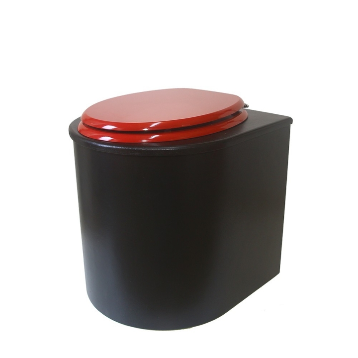  Toilette sèche en bois arrondie noire avec seau inox 22L et bavette inox. Abattant rouge. Modèle rehaussé