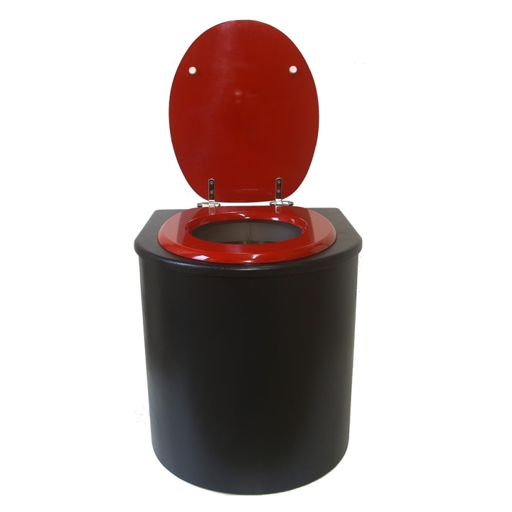  Toilette sèche en bois arrondie noire avec seau inox 22L et bavette inox. Abattant rouge. Modèle rehaussé