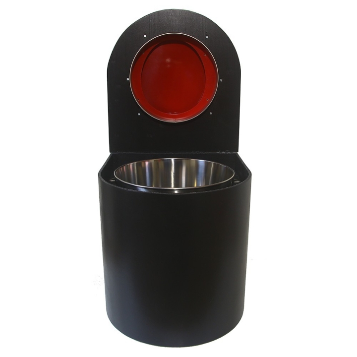  Toilette sèche en bois arrondie noire avec seau inox 22L et bavette inox. Abattant rouge. Modèle rehaussé