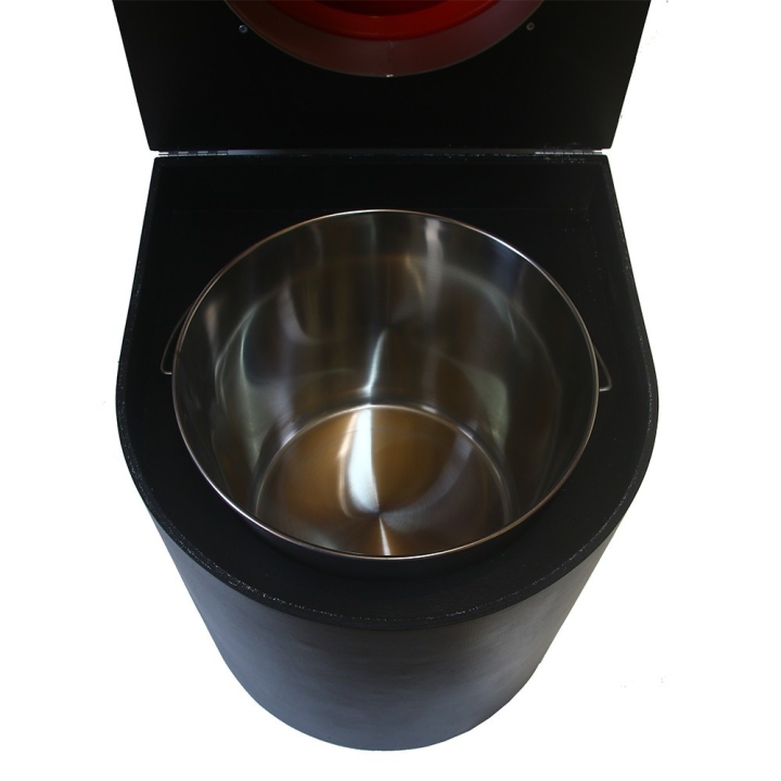  Toilette sèche en bois arrondie noire avec seau inox 22L et bavette inox. Abattant rouge. Modèle rehaussé