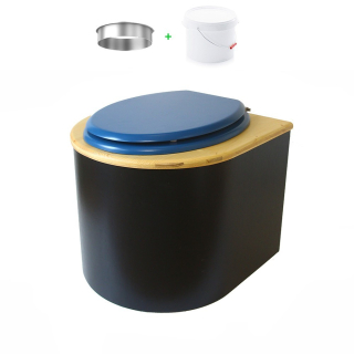 Toilette sèche en bois arrondie noire/huilé avec seau plastique 22L