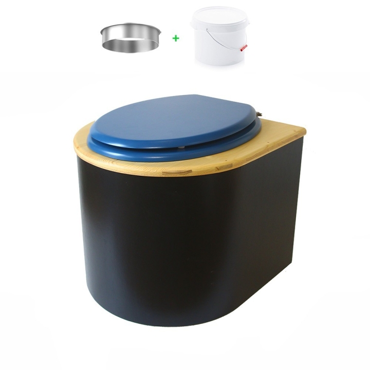 Toilette sèche en bois arrondie noire/huilé avec seau plastique 22L