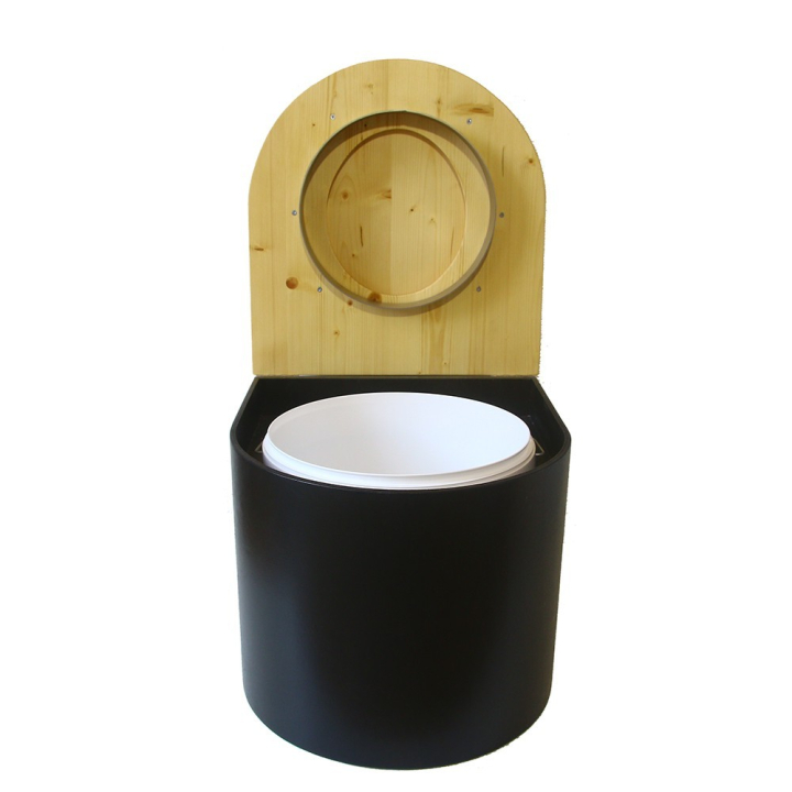  Toilette sèche en bois arrondie noire/huilé avec seau plastique 22L