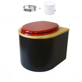 Toilette sèche en bois arrondie noire/huilé avec seau plastique 22L
