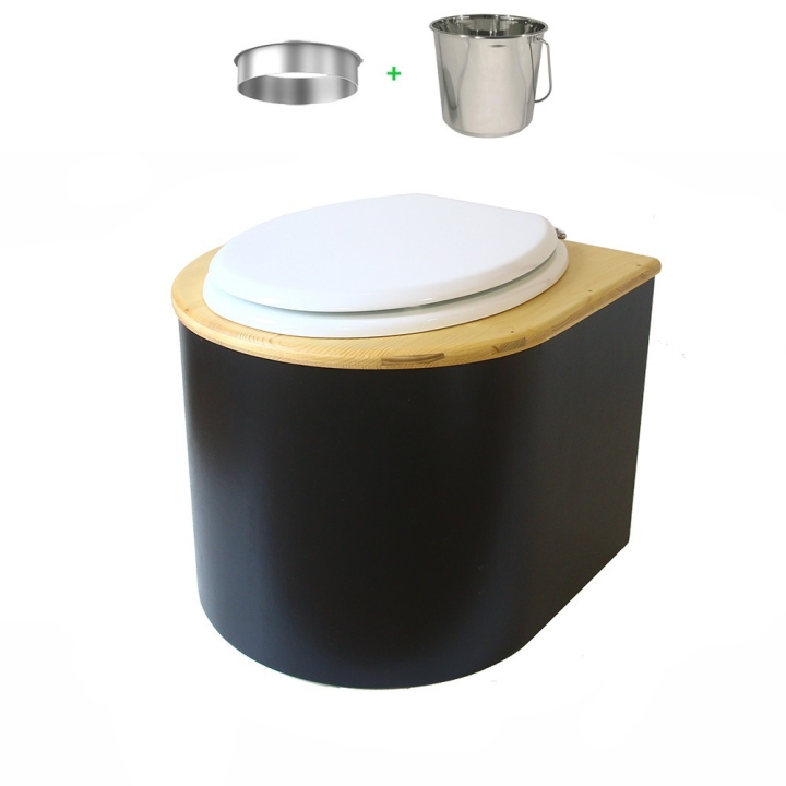 Toilette sèche en bois arrondie noire/huilé avec seau inox