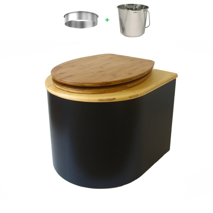 Toilette sèche en bois arrondie noire/huilé avec seau inox