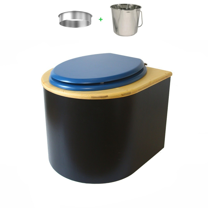 Toilette sèche en bois arrondie noire/huilé avec seau inox