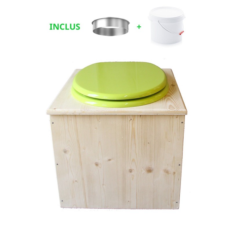 Toilette sèche en bois avec seau 22 Litres + bavette inox - La vert pomme complète