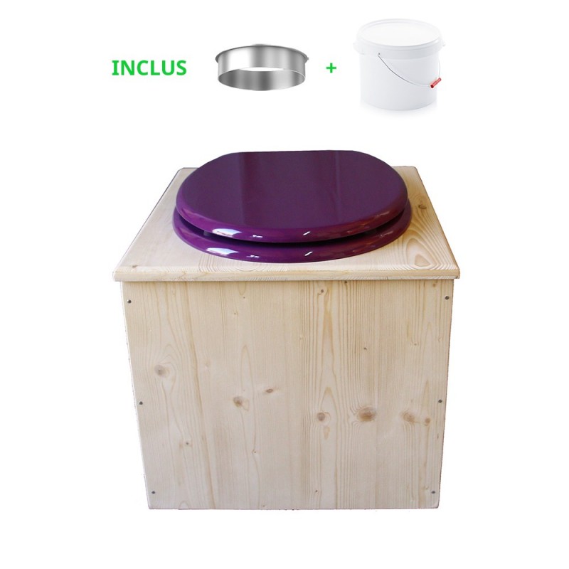 Toilette sèche en bois avec seau 22 Litres + bavette inox - La violet prune complète