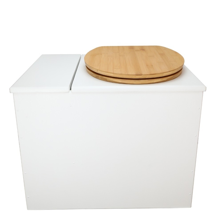  Toilette sèche en bois blanc avec bac intégré. Livré avec bavette inox et seau 22 litres. abattant bambou. modèle rehaussé PMR