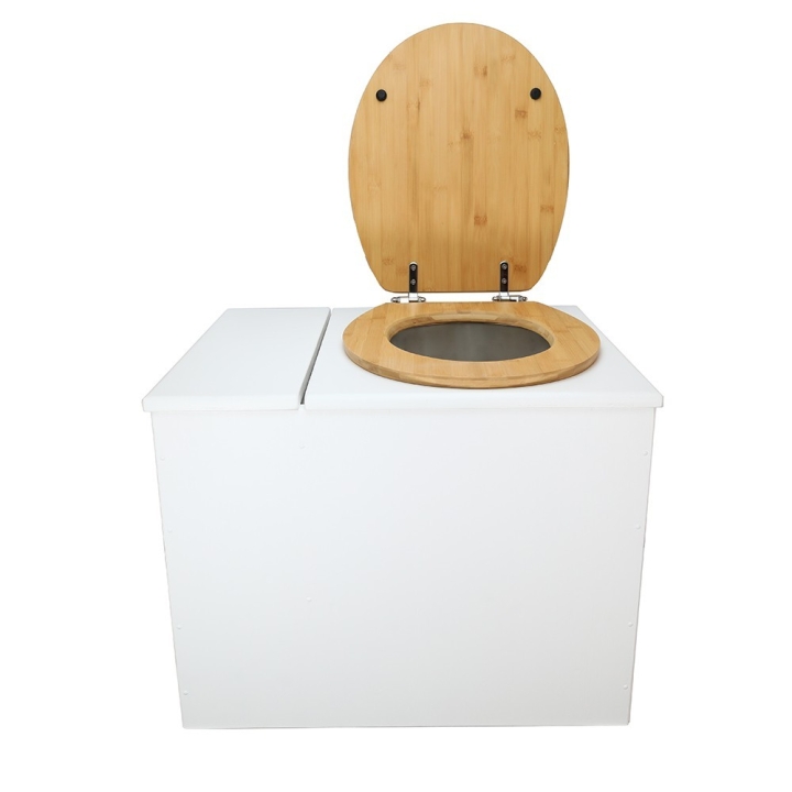  Toilette sèche en bois blanc avec bac intégré. Livré avec bavette inox et seau 22 litres. abattant bambou. modèle rehaussé PMR