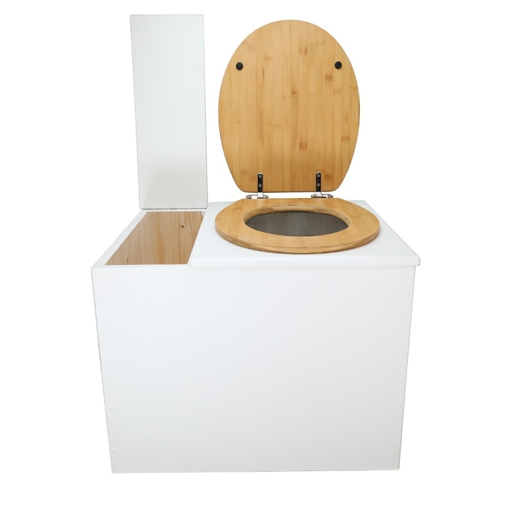  Toilette sèche en bois blanc avec bac intégré. Livré avec bavette inox et seau 22 litres. abattant bambou. modèle rehaussé PMR