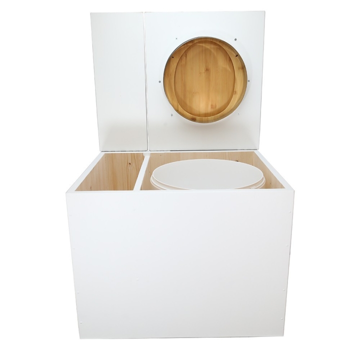  Toilette sèche en bois blanc avec bac intégré. Livré avec bavette inox et seau 22 litres. abattant bambou. modèle rehaussé PMR