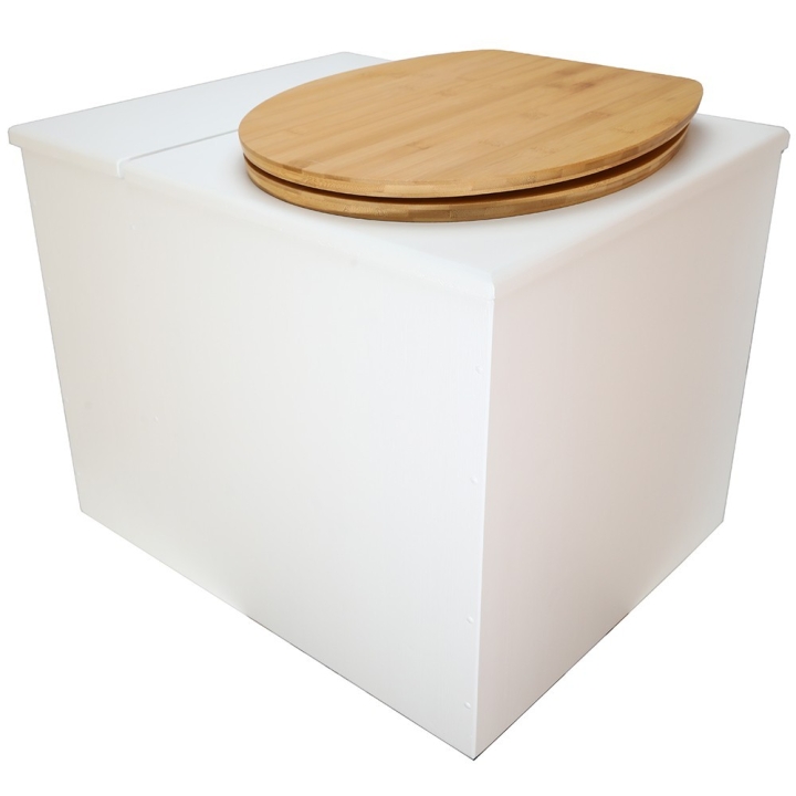  Toilette sèche en bois blanc avec bac intégré. Livré avec bavette inox et seau 22 litres. abattant bambou. modèle rehaussé PMR