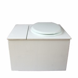 Toilette sèche avec bac à copeaux de bois blanche. Livré complet avec bavette inox et seau 22 litres