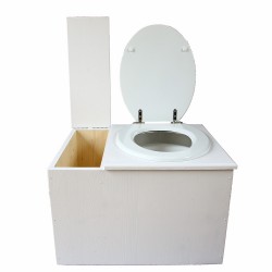 Toilette sèche avec bac à copeaux de bois blanche. Livré complet avec bavette inox et seau 22 litres
