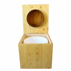Toilette sèche en bois huilé avec bavette inox, seau plastique 22 litres - la bambou complète huilée