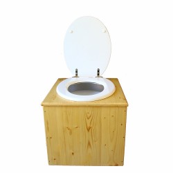 Toilette sèche en bois huilé avec bavette inox, seau plastique 22 litres - la blanche complète huilée