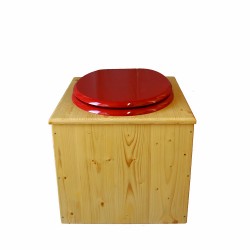 Toilette sèche en bois huilé avec bavette inox, seau plastique 22 litres - la rouge framboise complète huilée