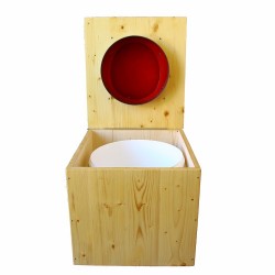 Toilette sèche en bois huilé avec bavette inox, seau plastique 22 litres - la rouge framboise complète huilée