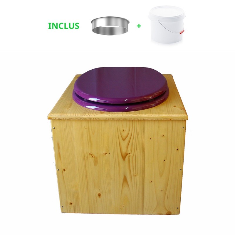 Toilette sèche en bois huilé avec bavette inox, seau plastique 22 litres - la violet prune complète huilée