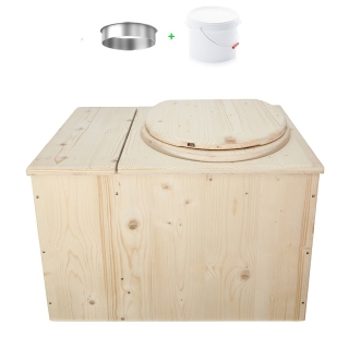 Toilette sèche avec bac à copeaux de bois intégré en bois brut avec bavette inox et seau plastique 22 litres