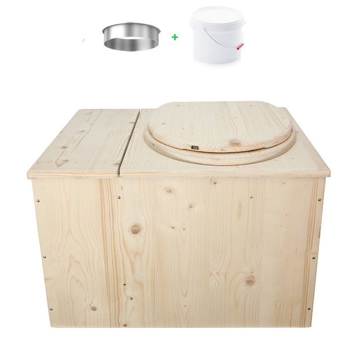 Toilette sèche avec bac à copeaux de bois intégré en bois brut avec bavette inox et seau plastique 22 litres