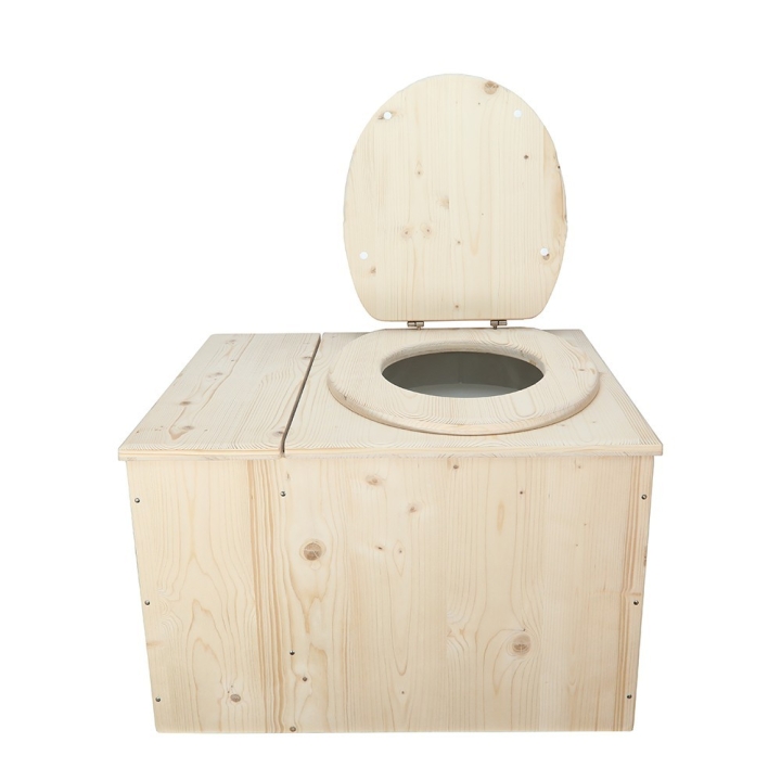  Toilette sèche avec bac à copeaux de bois intégré en bois brut avec bavette inox et seau plastique 22 litres