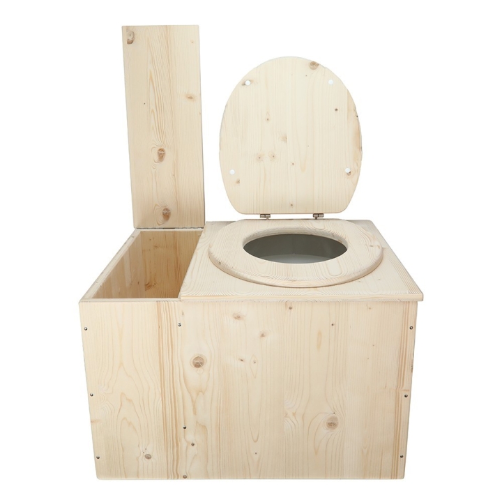  Toilette sèche avec bac à copeaux de bois intégré en bois brut avec bavette inox et seau plastique 22 litres