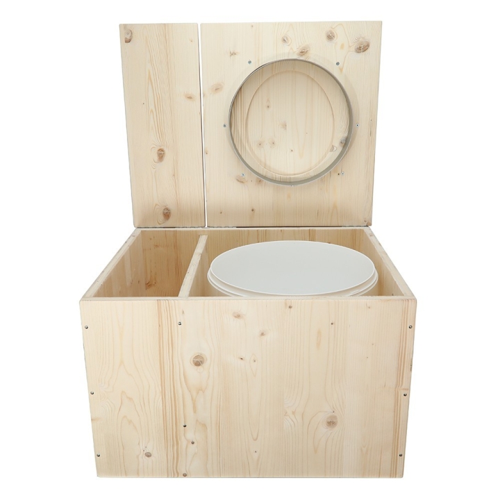  Toilette sèche avec bac à copeaux de bois intégré en bois brut avec bavette inox et seau plastique 22 litres