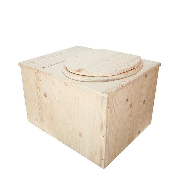  Toilette sèche avec bac à copeaux de bois intégré en bois brut avec bavette inox et seau plastique 22 litres