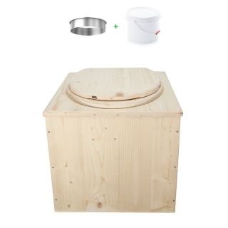 Toilette sèche en bois brut complète avec seau plastique 22L et bavette inox