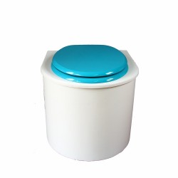 toilette sèche arrondie blanche avec abattant turquoise, seau plastique 22 litres et bavette inox