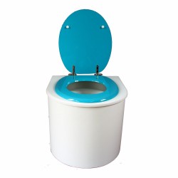 toilette sèche arrondie blanche avec abattant turquoise, seau plastique 22 litres et bavette inox
