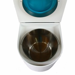 toilette sèche en bois blanc arrondie complète avec abattant turquoise, seau inox et bavette inox