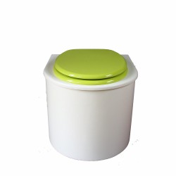 toilette sèche arrondie blanche avec abattant vert, seau plastique 22 litres et bavette inox