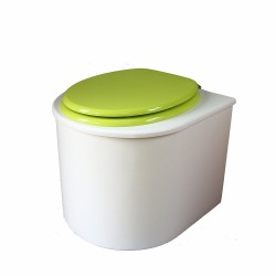 toilette sèche en bois blanc arrondie complète avec abattant vert, seau inox et bavette inox