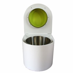 toilette sèche en bois blanc arrondie complète avec abattant vert, seau inox et bavette inox