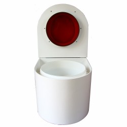 toilette sèche arrondie blanche avec abattant rouge, seau plastique 22 litres et bavette inox