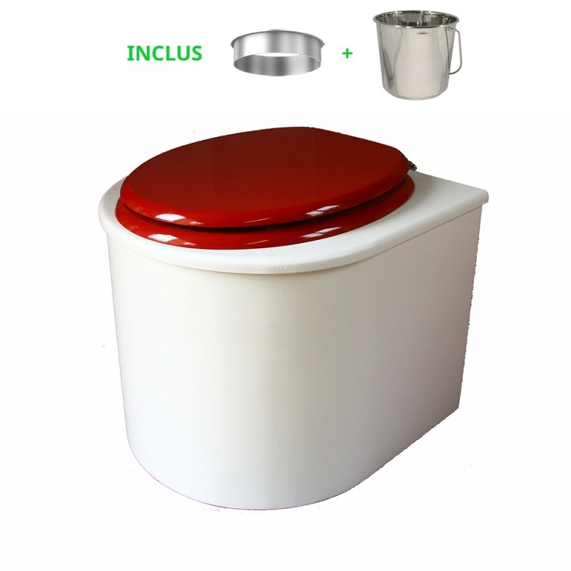 toilette sèche en bois blanc arrondie complète avec abattant rouge, seau inox et bavette inox