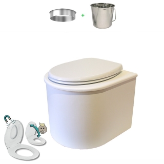 Toilette sèche en bois blanc arrondie avec seau inox