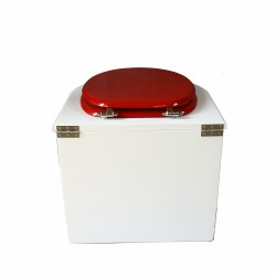 toilette sèche en bois blanc arrondie complète avec abattant rouge, seau inox et bavette inox