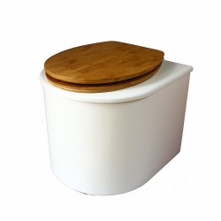toilette sèche arrondie blanche avec abattant bambou, seau plastique 22 litres et bavette inox