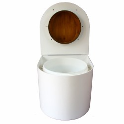 toilette sèche arrondie blanche avec abattant bambou, seau plastique 22 litres et bavette inox
