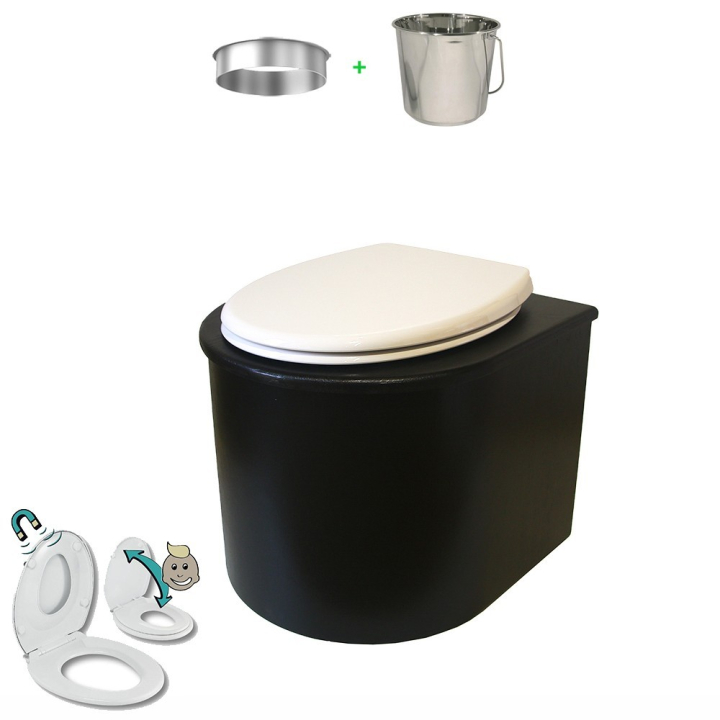 Toilette sèche en bois noire arrondie avec seau inox