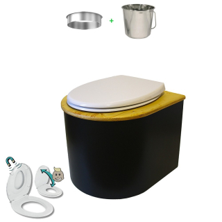 Toilette sèche en bois noire arrondie avec couvercle huilé