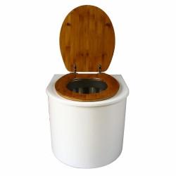 toilette sèche en bois blanc arrondie complète avec abattant bambou, seau inox et bavette inox